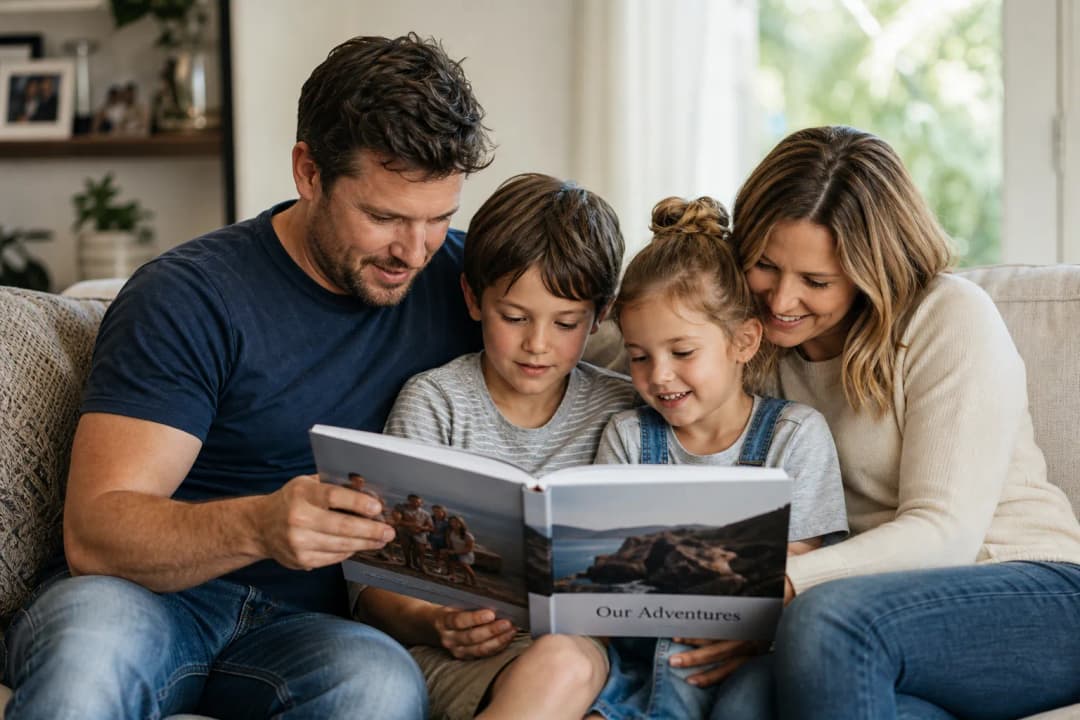 Family photo album ideas scene with parents and kids looking through a printed photo book