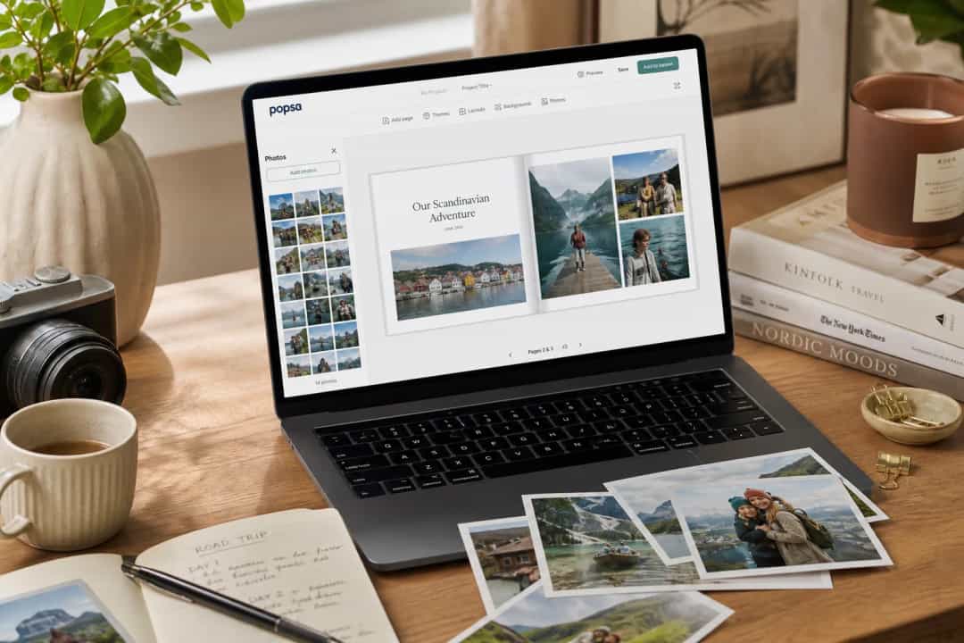 Illustration of designing a photo book online on a laptop with family travel photos
