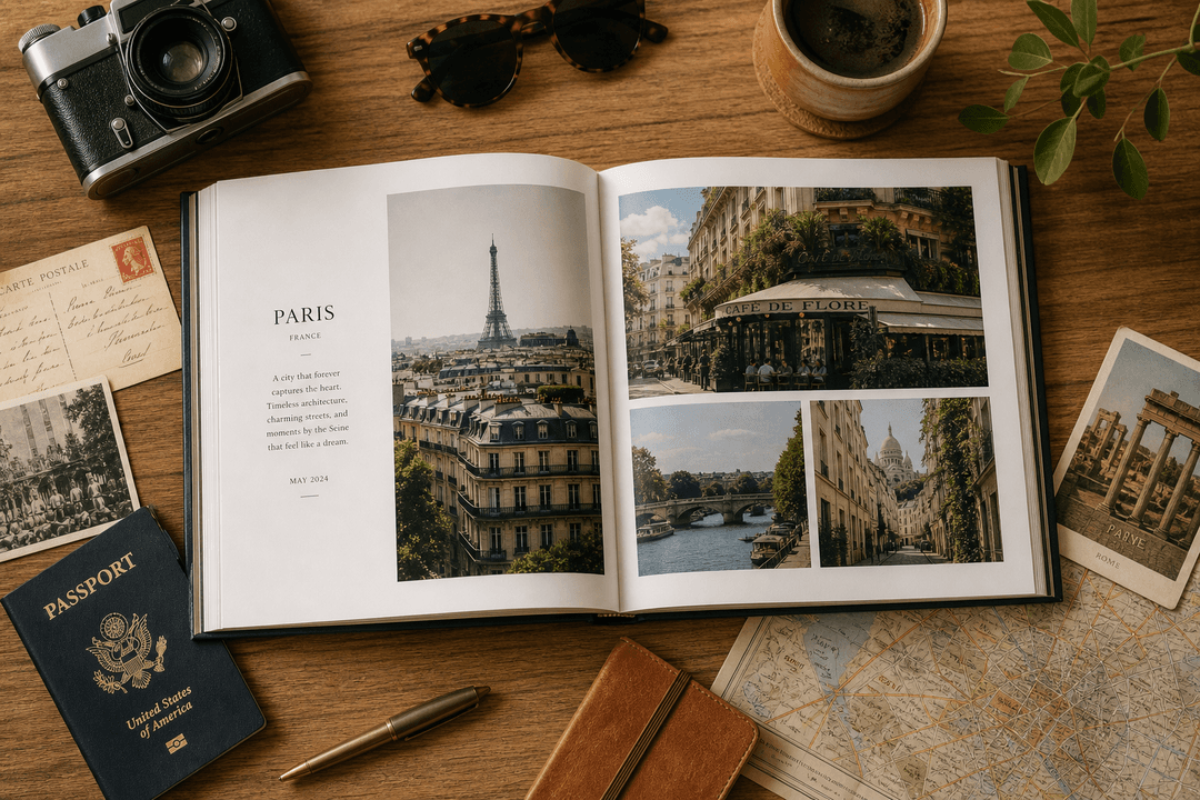 Open travel photo book with postcards, passport, map, and camera on a wooden table