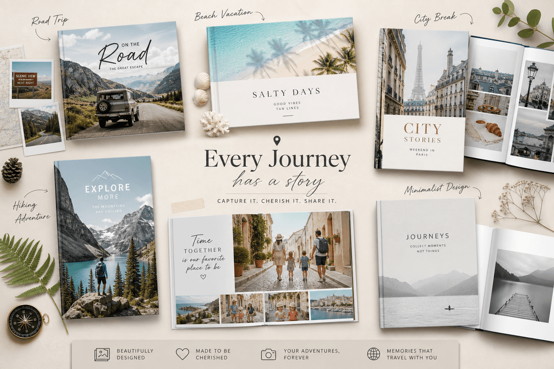Illustration showing travel photo book themes including road trip, beach vacation, city break, hiking, and family travel
