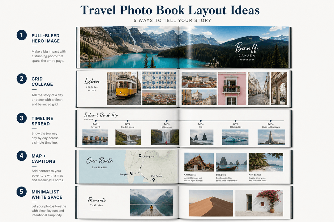 Infographic-style illustration showing travel photo book layouts including full-bleed image, grid collage, timeline spread, map and captions, minimalist white space