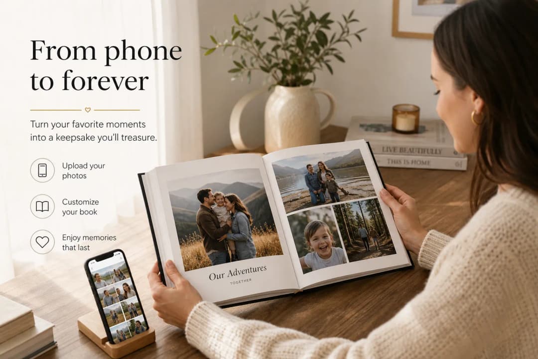 Illustration of turning phone photos into a premium printed photo book