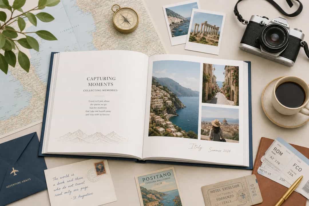 Elegant flat-lay illustration of a premium travel photo book with maps, tickets, and vacation snapshots on a clean table
