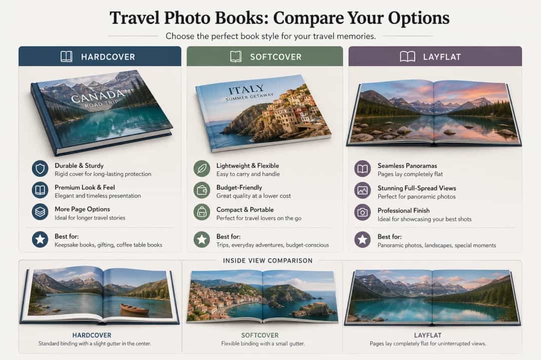 Comparison illustration showing hardcover vs softcover vs layflat travel photo books, clean infographic style