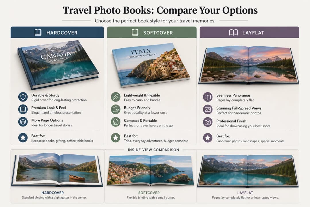Illustrazione comparativa che mostra i libri fotografici in copertina rigida rispetto a quelli in copertina morbida e layflat, stile infografica pulito