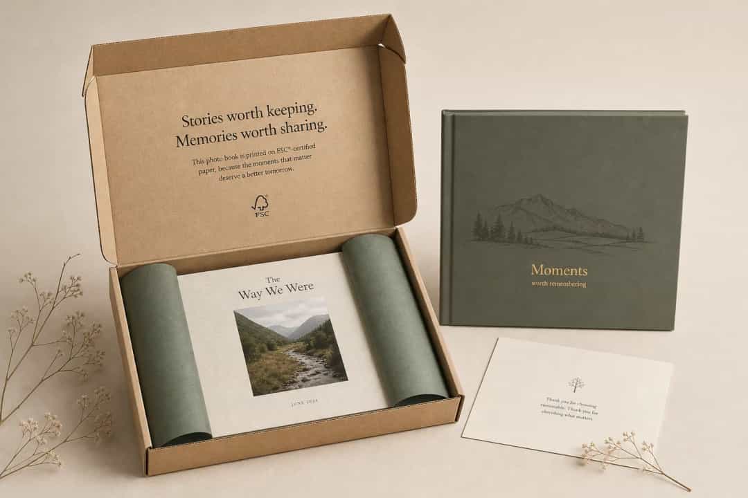 Sustainable premium photo book packaging with recyclable box, FSC paper feel, elegant eco-friendly brand aesthetic