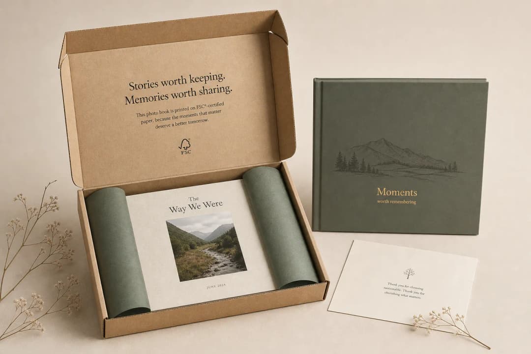 Imballaggio di libro fotografico premium sostenibile con scatola riciclabile, sentore di carta FSC, estetica di marca elegante e ecologica