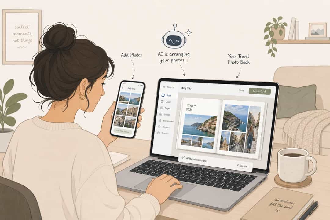 Minimal lifestyle illustration of a person creating a travel photo book online on laptop and phone, AI arranging photos automatically