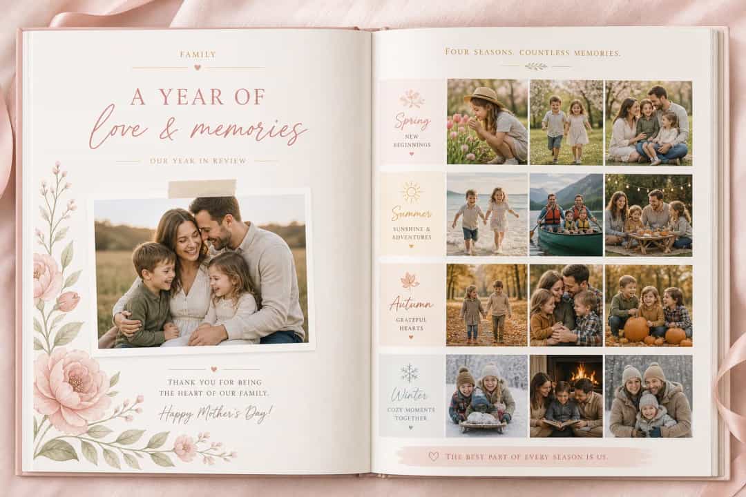Family year in review Mother's Day photo book spread