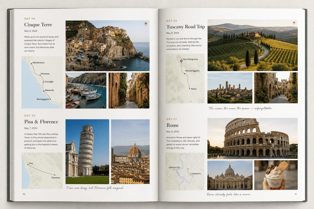 Chronological travel photo book layout with dates and maps