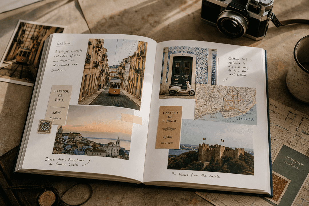 Open travel photo book with maps, tickets, and captions