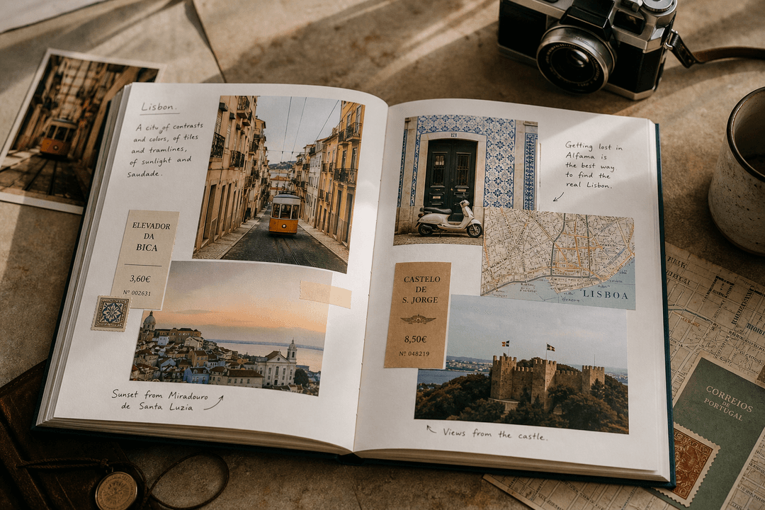 Open travel photo book with maps, tickets, and captions