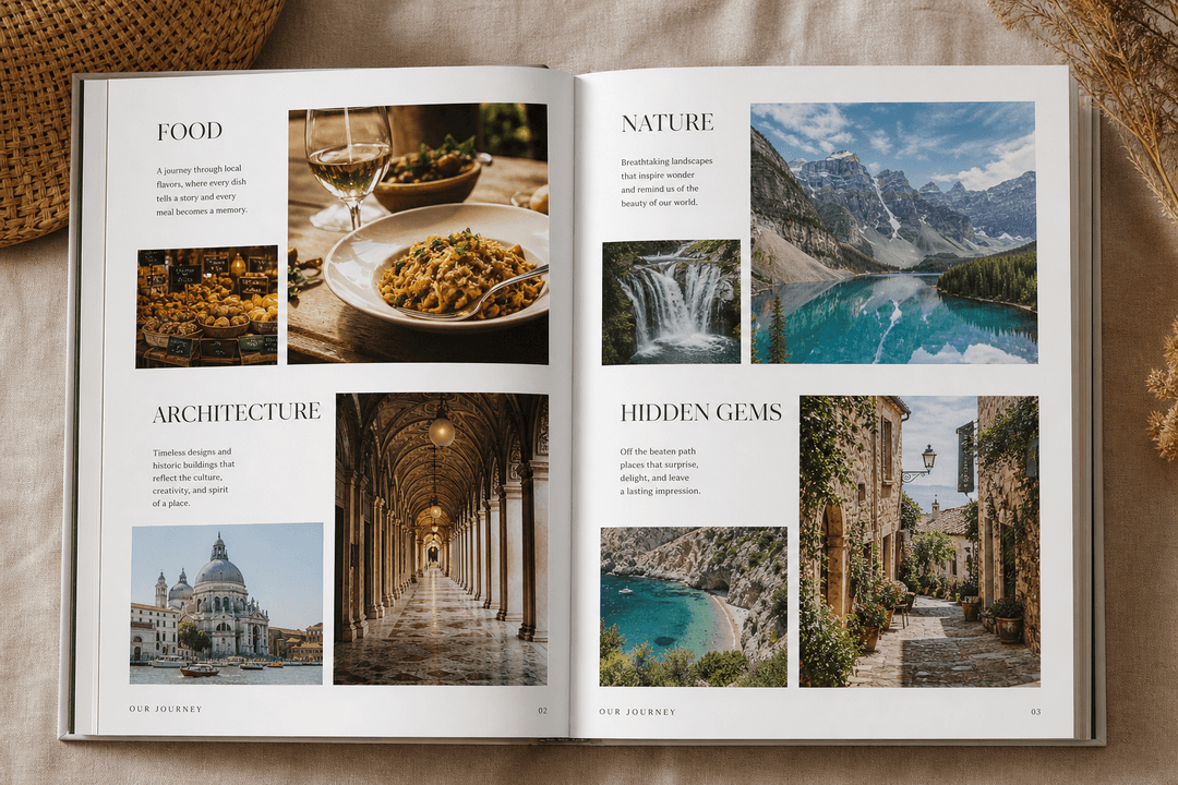 Themed travel photo album featuring food, nature, and architecture