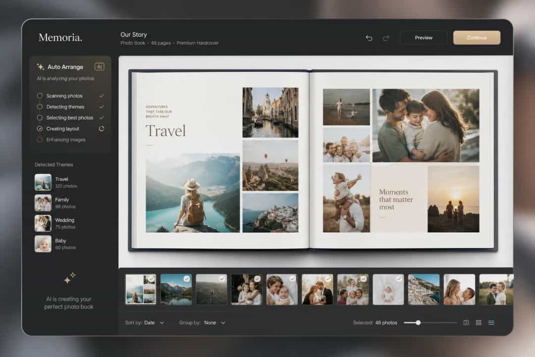 AI arranging photos into a premium photo book layout