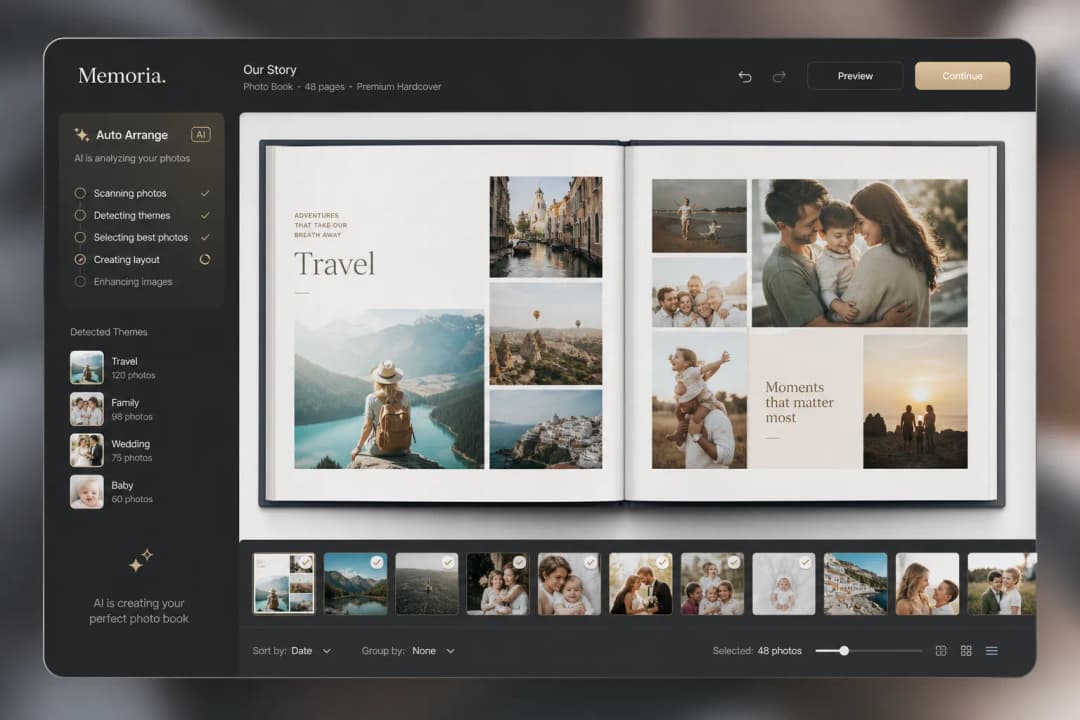 AI foto's rangschikken in een premium fotoboek lay-out