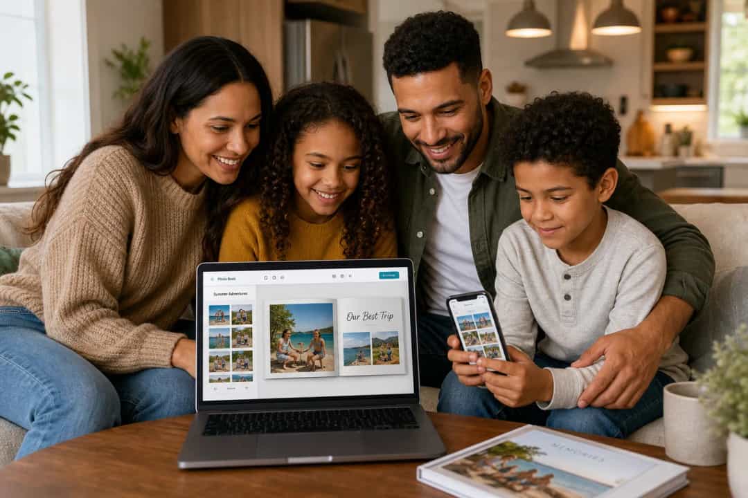 Family creating a photo book online together at home