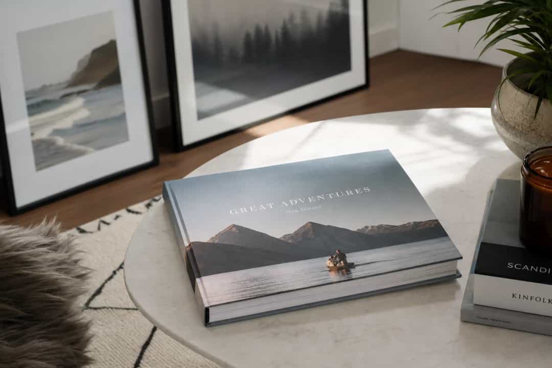 Premium printed photo book and wall art in a modern home