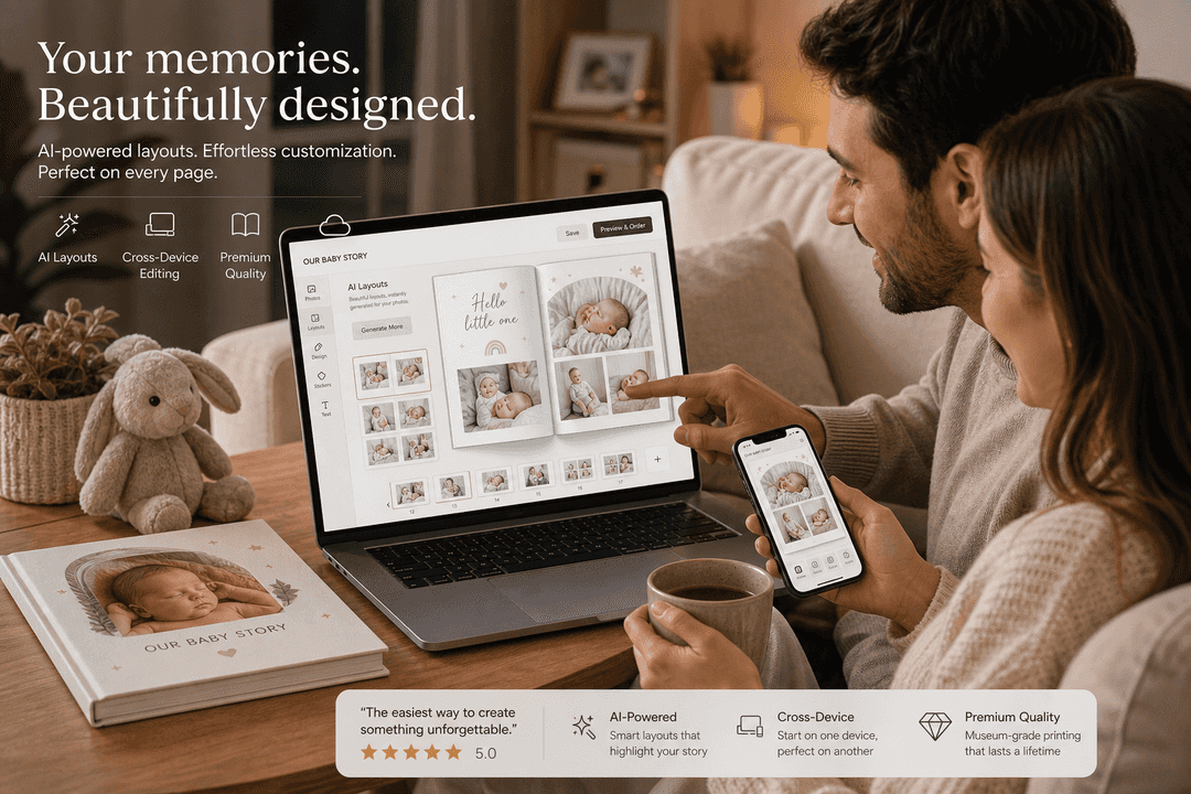 Illustration of parents customizing a baby photo book on a laptop with AI layouts