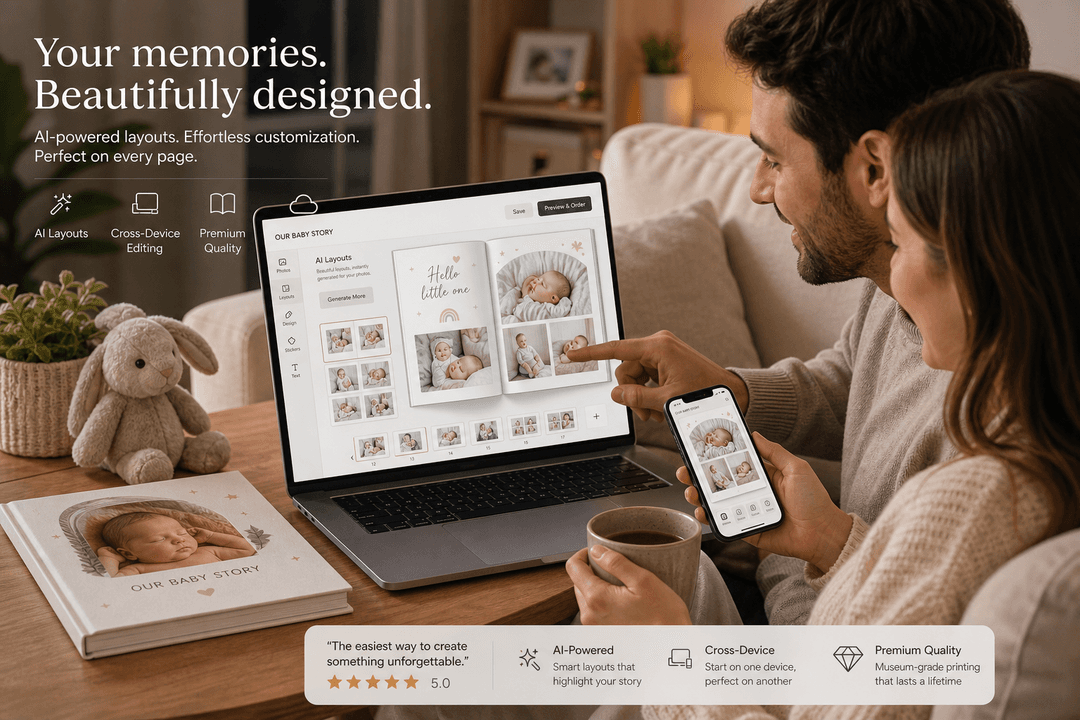Illustration of parents customizing a baby photo book on a laptop with AI layouts