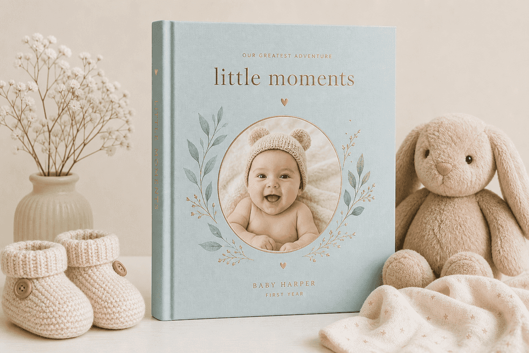 Illustration of a premium hardcover baby photo book beside baby booties and plush toy