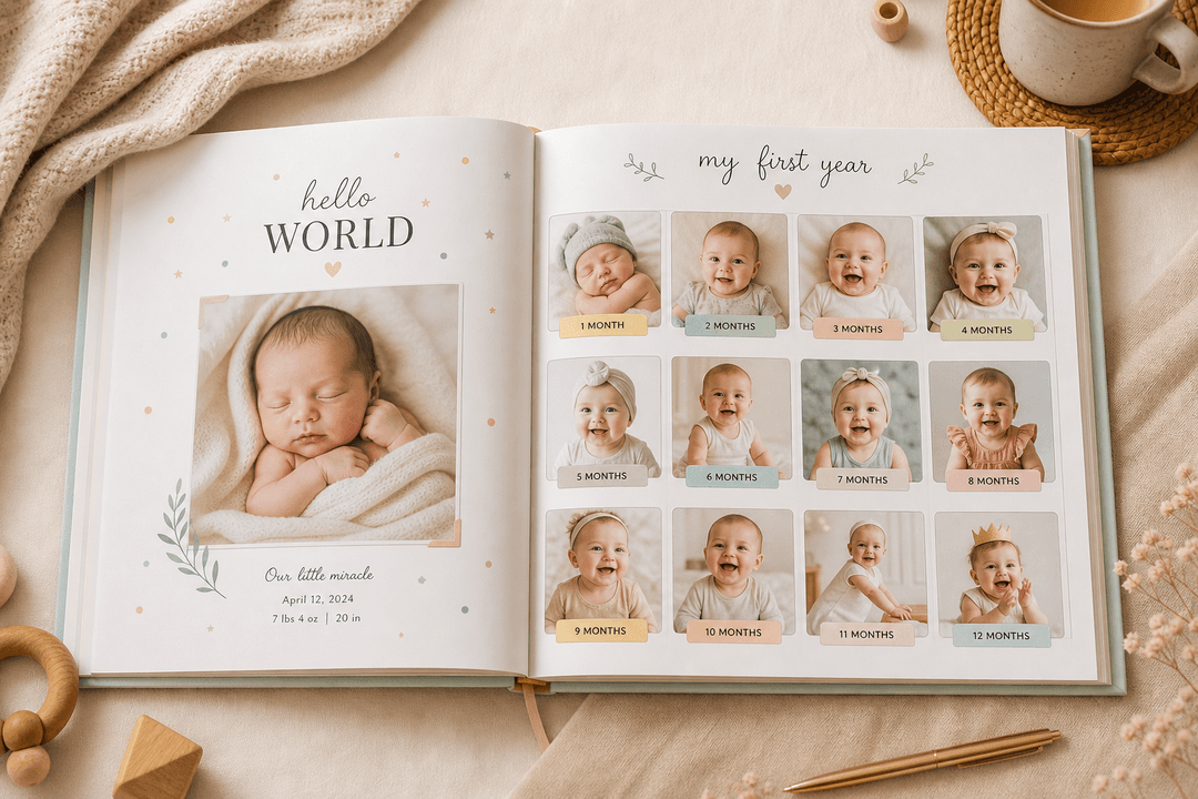 Illustration of a baby's first year photo book open on a table with milestone pages