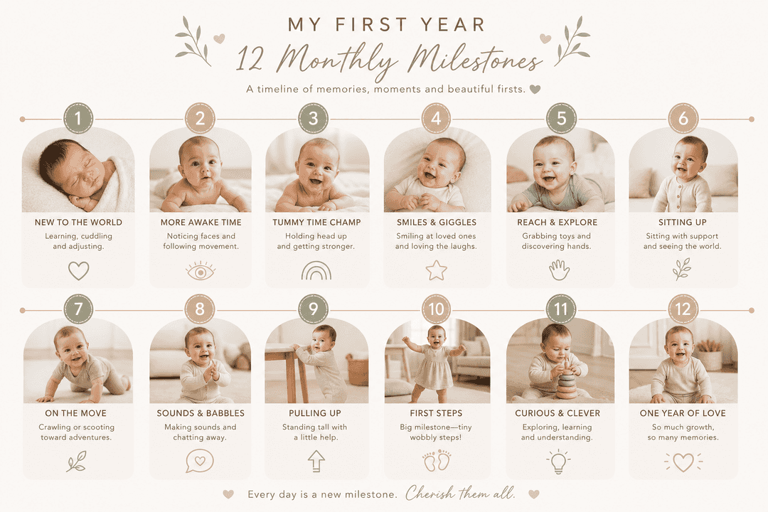Infographic-style illustration of 12 monthly baby milestones in a timeline