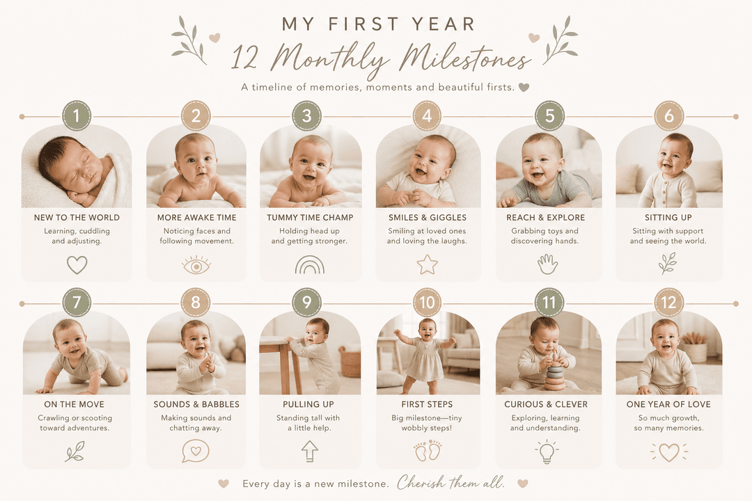 Infographic-style illustration of 12 monthly baby milestones in a timeline