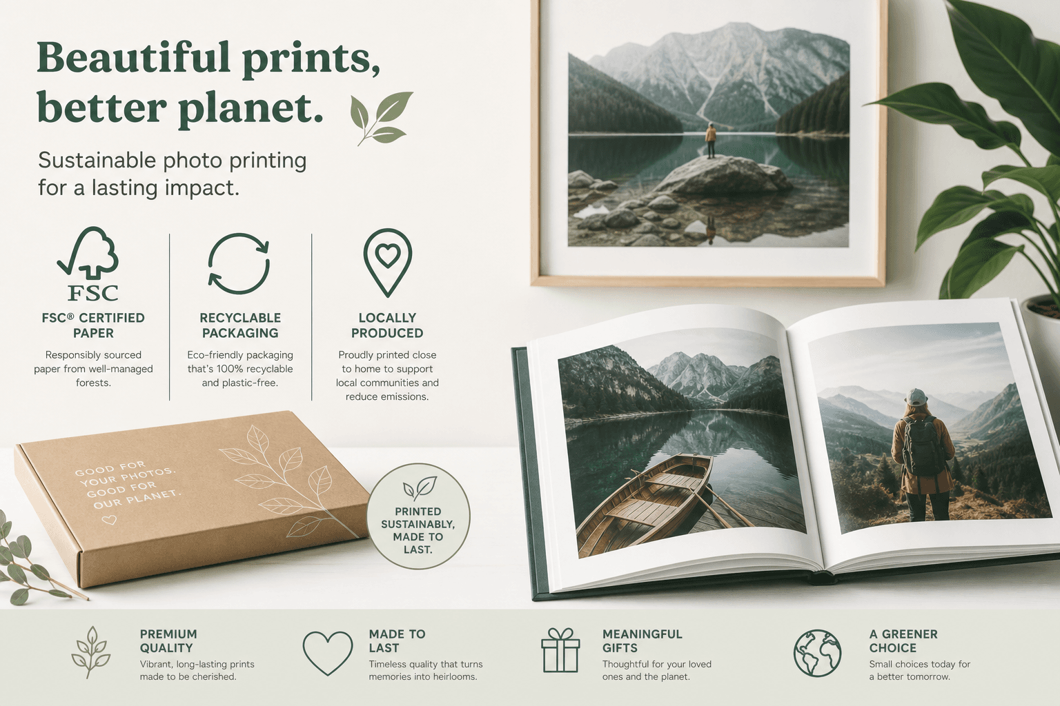 Eco-friendly illustration of sustainable photo printing and recyclable packaging