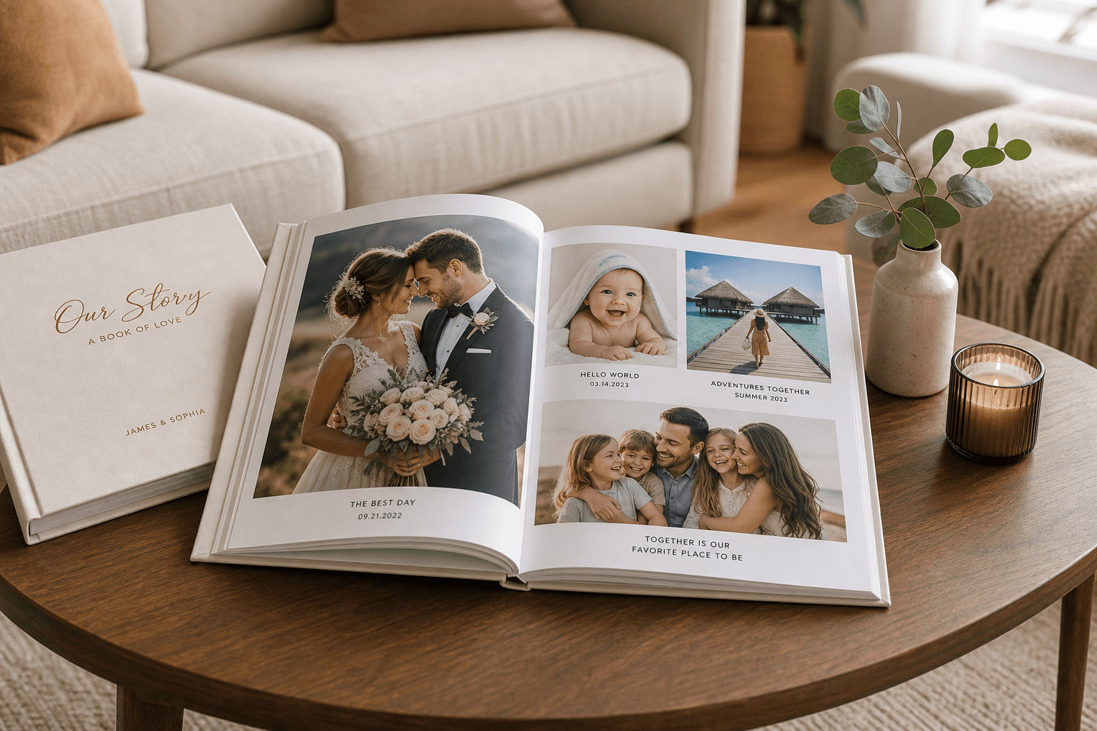 Premium personalized hardcover photo book displayed in a modern living room