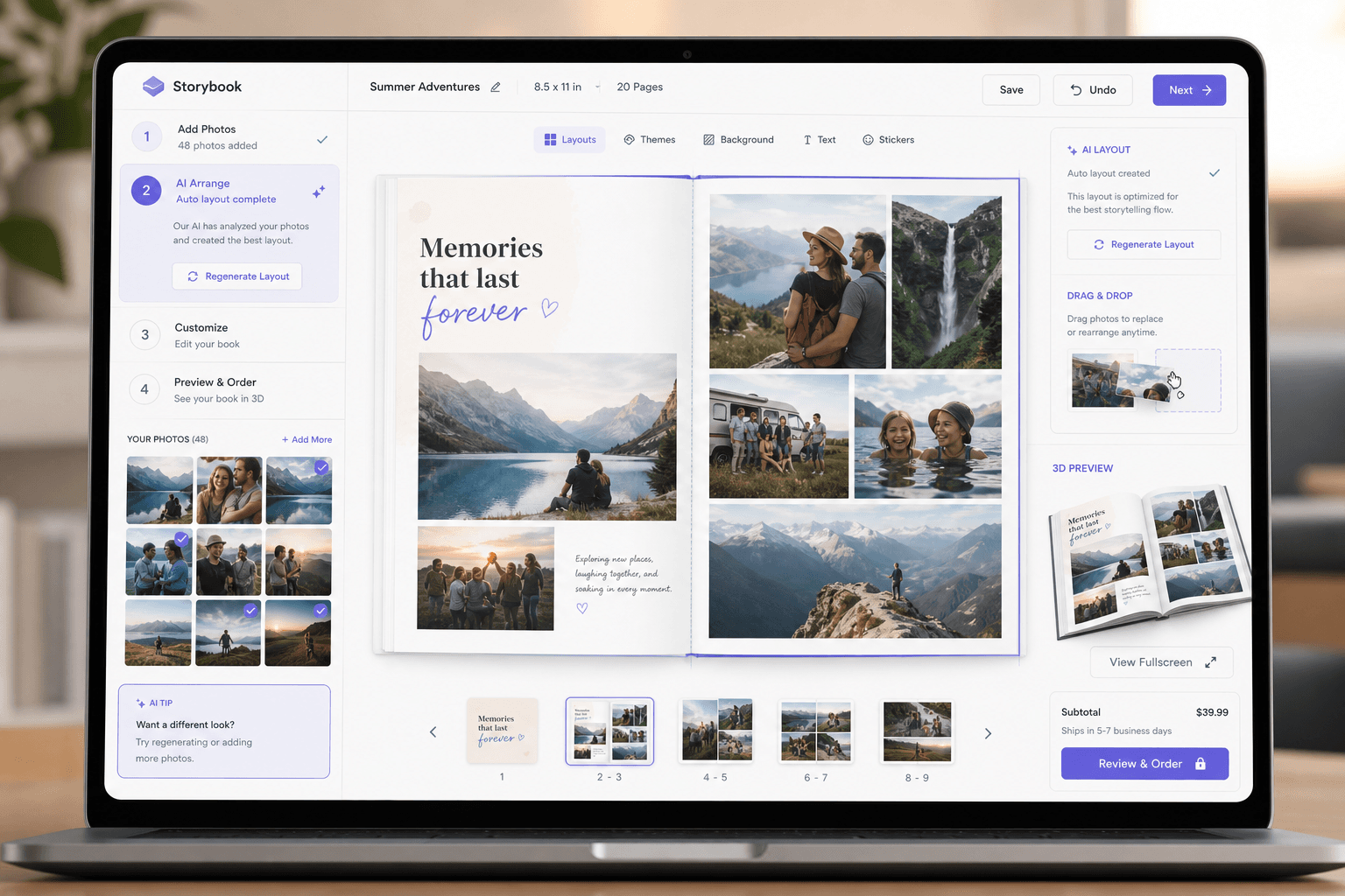 Sleek laptop showing AI automatically arranging photos into a photo book with 3D preview