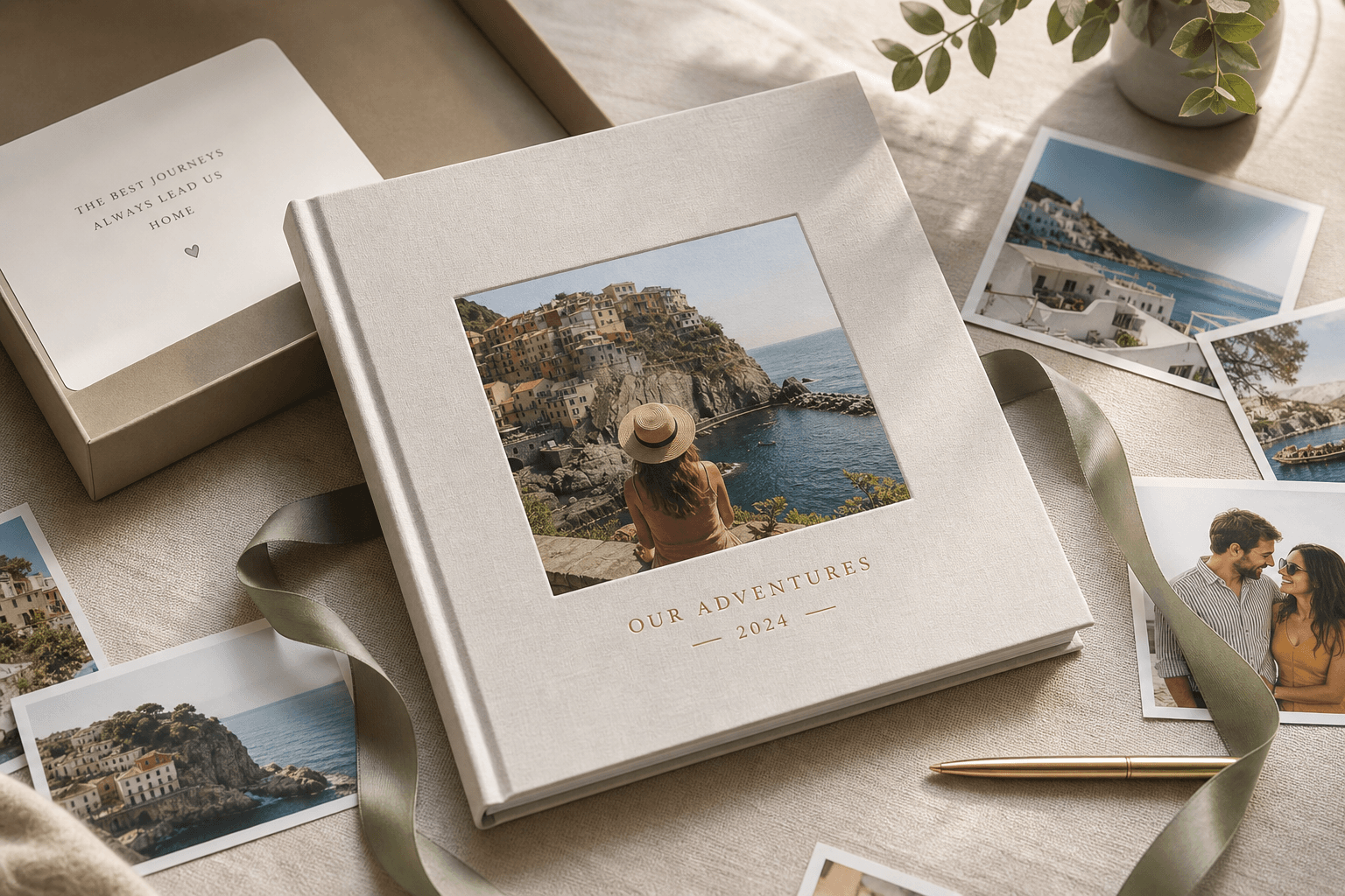 Premium personalized photo book gift on a table with printed travel photos and ribbon