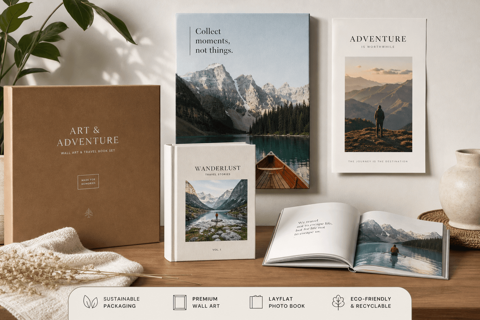 Premium travel photo book and wall art gift set with sustainable packaging