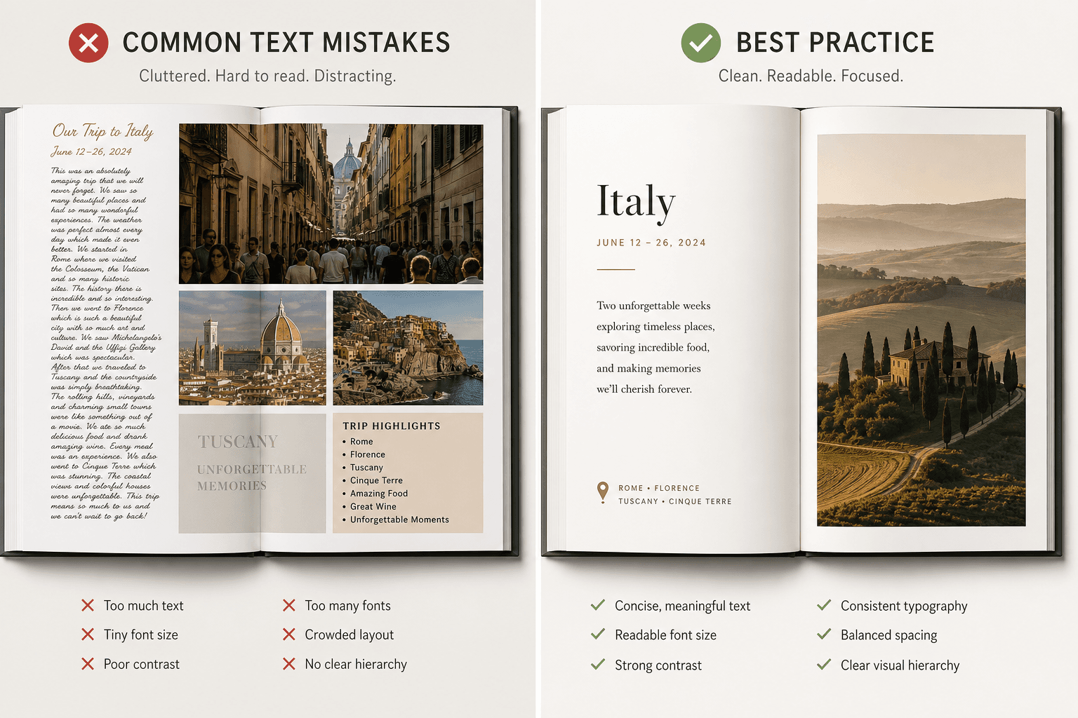 Side-by-side illustration showing cluttered text-heavy photo book mistakes versus clean readable best-practice layout