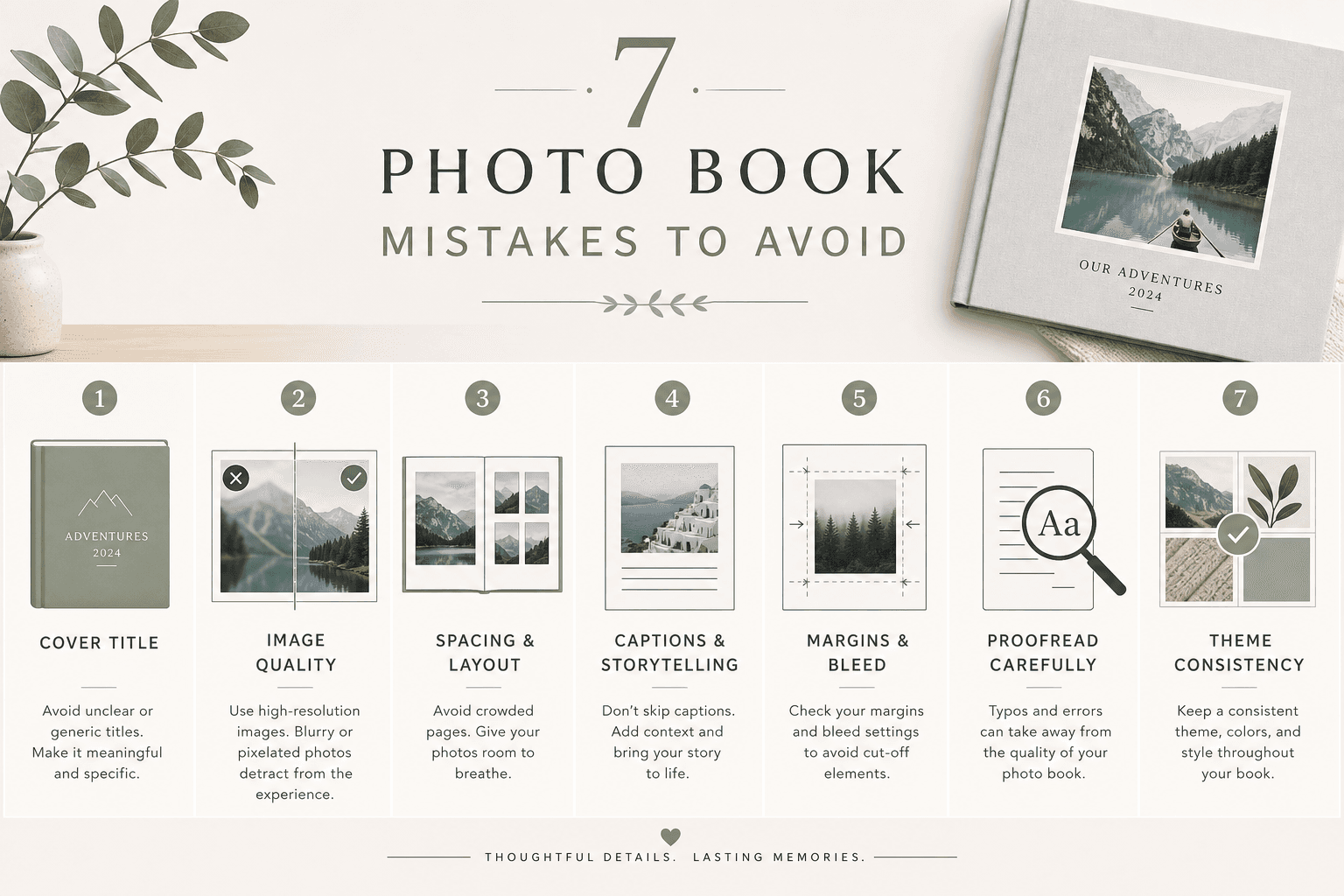 Illustrated checklist for 7 photo book mistakes to avoid with icons for title, image quality, spacing, captions, margins, proofreading, and consistency