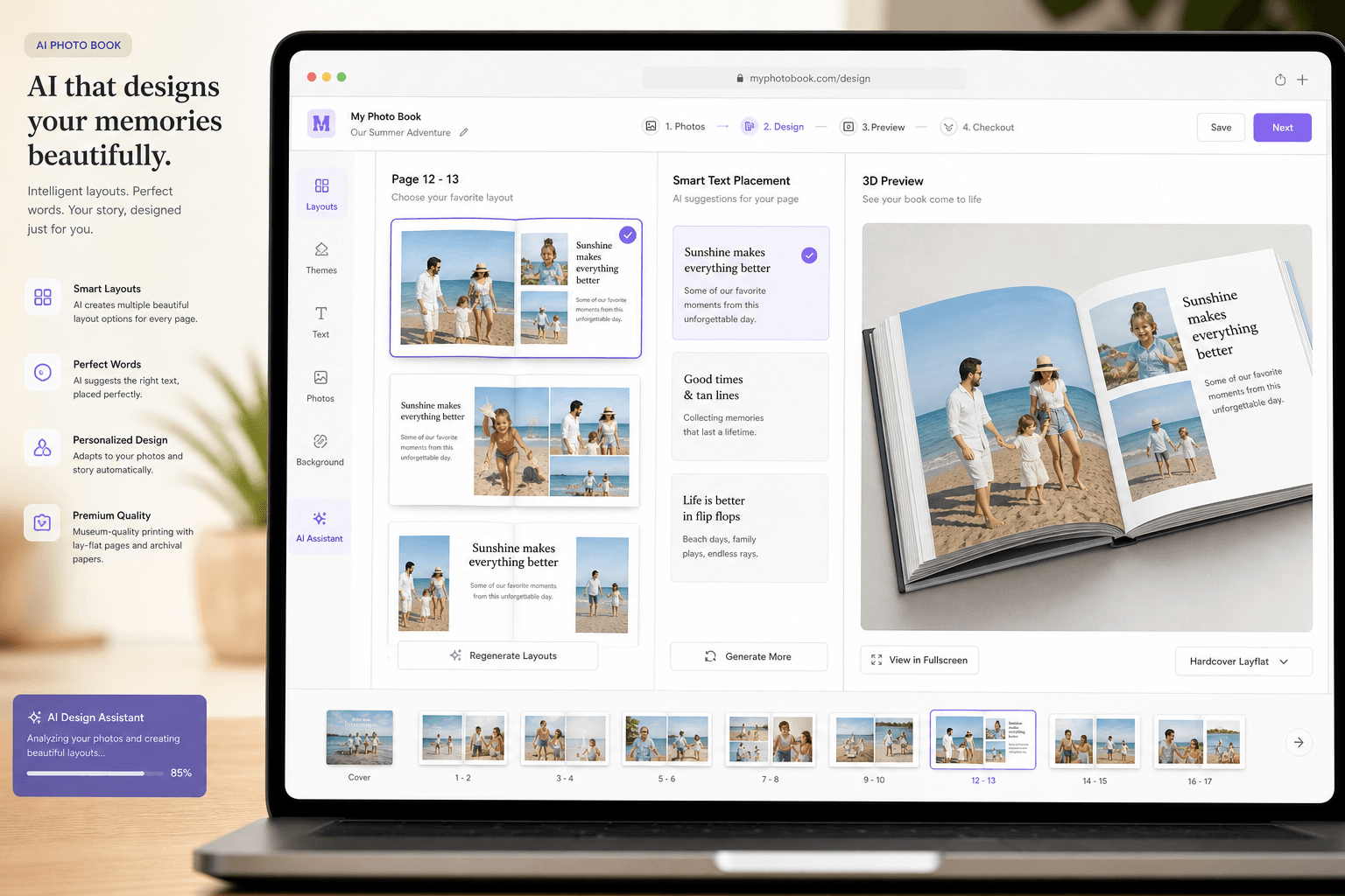 Illustration of AI designing a personalized photo book on a laptop with multiple page layout options and 3D preview