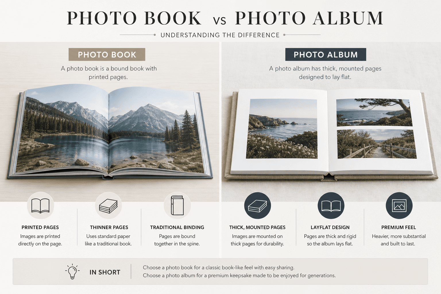 Editorial infographic comparing a printed photo book and a mounted photo album