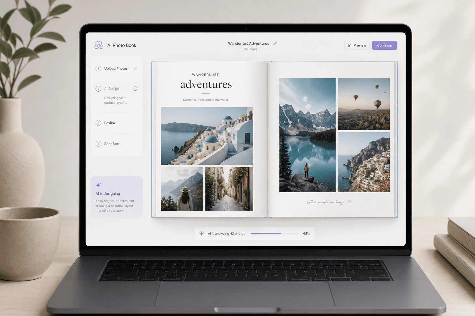 Illustration of AI designing a travel photo book layout on a laptop screen