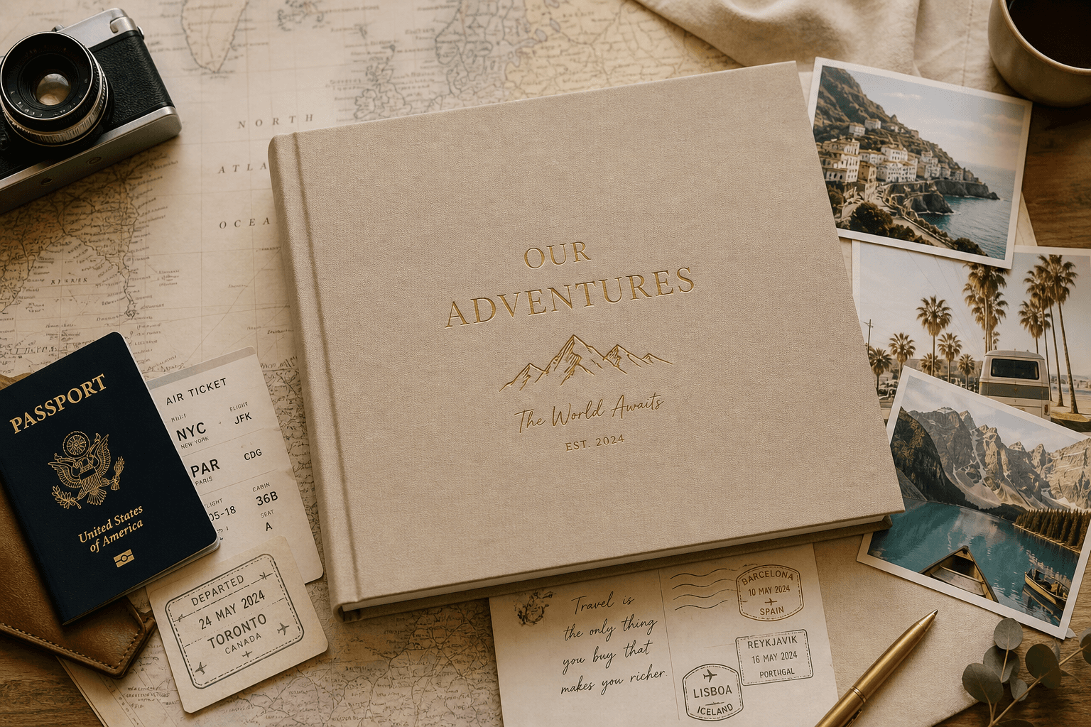 Custom travel photo album flat lay with maps and printed photos